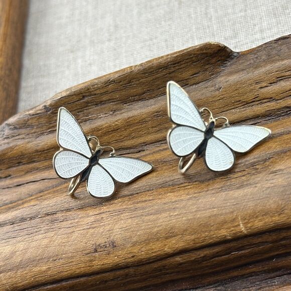Vintage Silver-tone White Black Guilloche Enamel Butterfly Earrings Screw Back - Picture 2 of 10